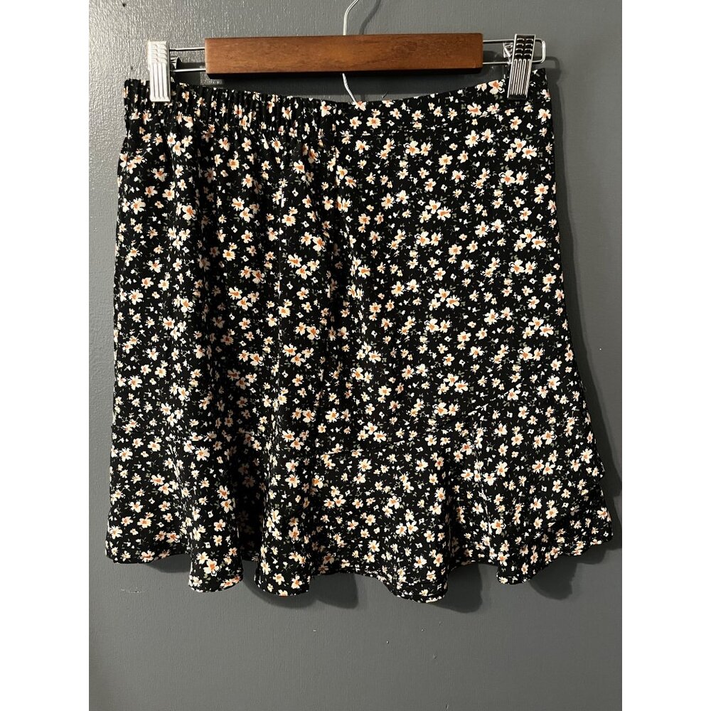 Black Floral Ruffle Skirt With Comfort Stretch Waistband M